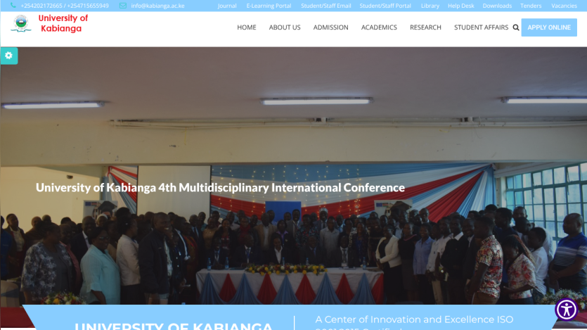 University of Kabianga homepage featuring the 4th Multidisciplinary International Conference with a group photo and navigation menu