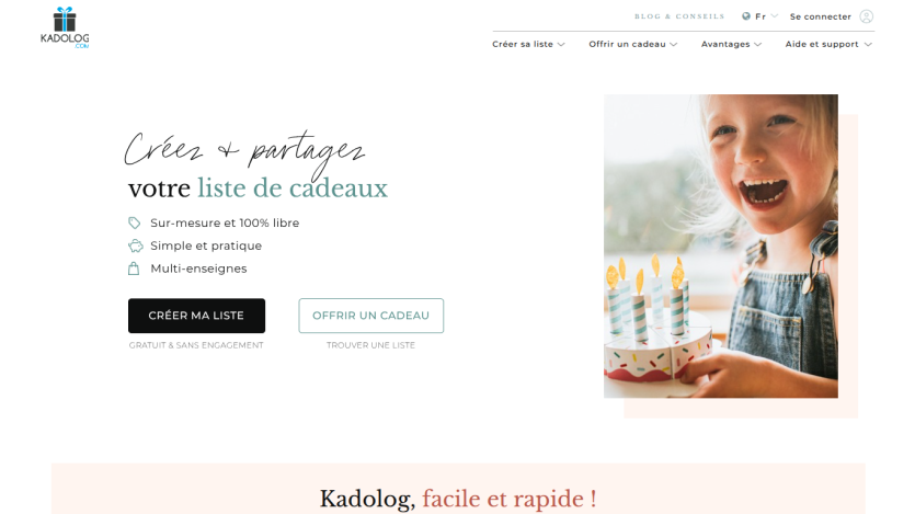 Kadolog homepage hero with gift creation call-to-action and smiling child holding gifts