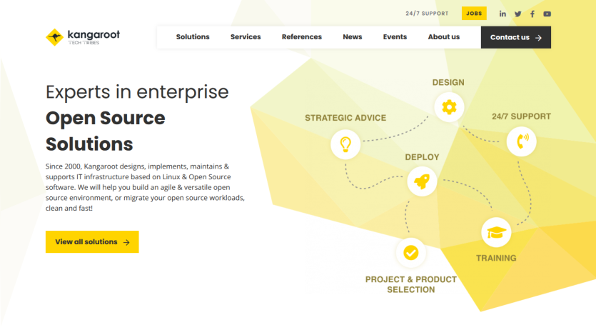 Kangaroot homepage with navigation and headline about enterprise open source solutions and a call to action button