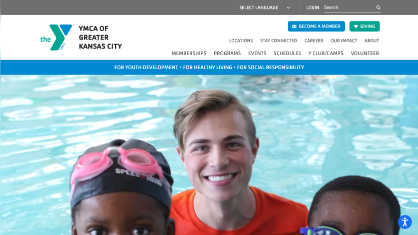 YMCA of Greater Kansas City homepage with navigation and smiling instructor with children in a swimming pool