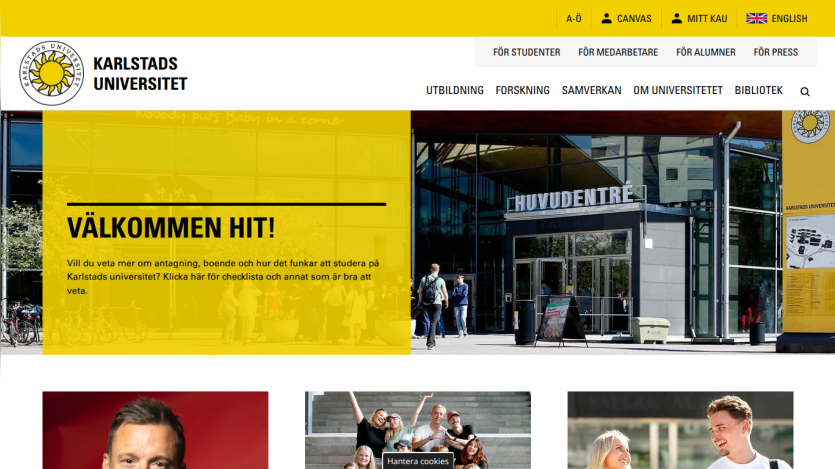 Welcome message for Karlstad University with navigation links and images of students.