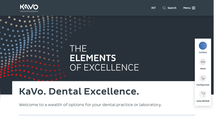 KaVo Dental Excellence homepage with navigation and headline about dental practice options