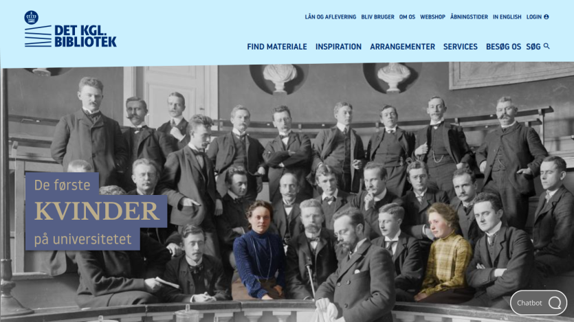 Homepage featuring historical photo with text about the first women at the university.