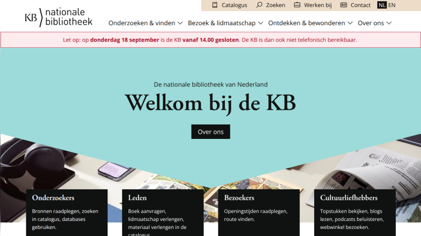 Homepage of the National Library of the Netherlands with welcome message and navigation options.