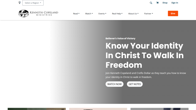 Website header and hero section promoting identity in Christ with call-to-action buttons.