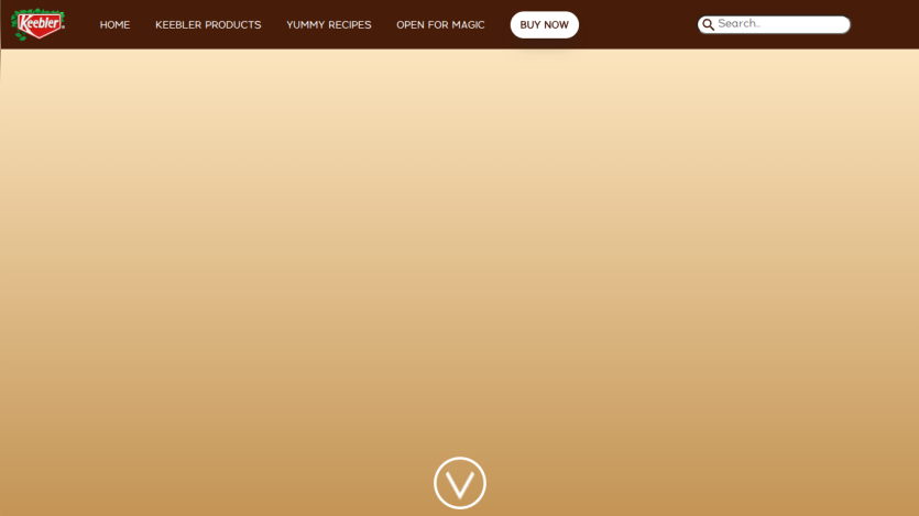 Keebler website header with navigation links, search bar, and a gradient hero background with scroll indicator