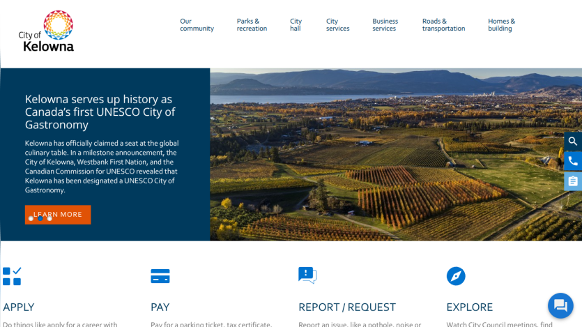 City of Kelowna official website highlighting its UNESCO City of Gastronomy status with navigation and scenic city image