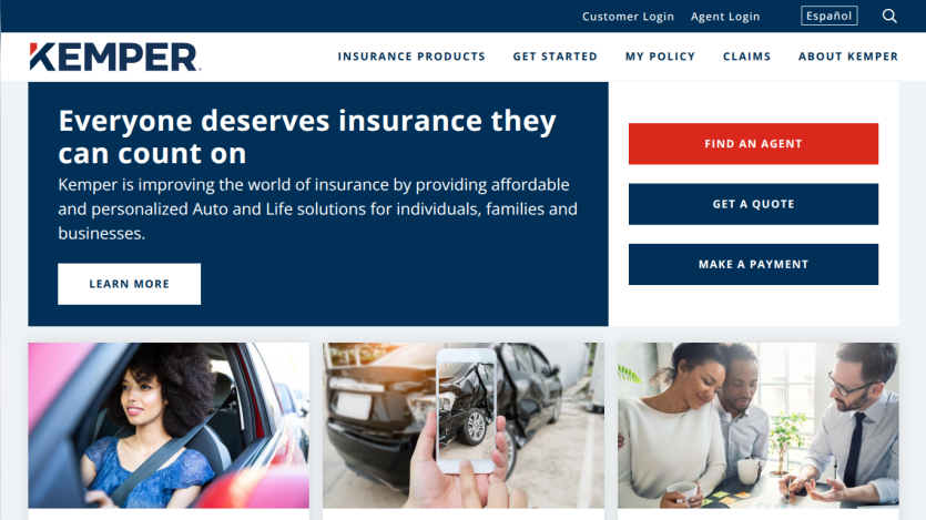 Kemper insurance homepage featuring services and a call to action for finding an agent.