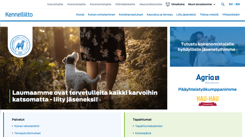 Homepage of Kennelliitto featuring a person with a dog and a membership invitation.