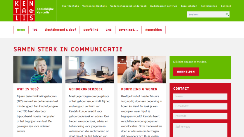 Website header and navigation for Koninklijke Kentalis with sections on communication disorders, hearing research, and living with deafblindness, plus contact form.