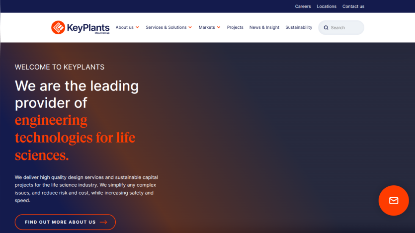 KeyPlants homepage with navigation and hero text about engineering technologies for life sciences