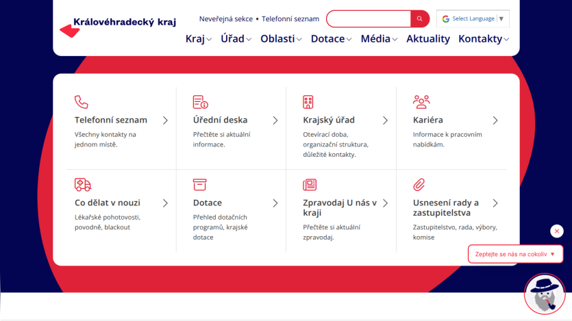 Královéhradecký kraj website with navigation menu and sections for contacts, official board, regional office, career, emergency info, grants, news, and council resolutions