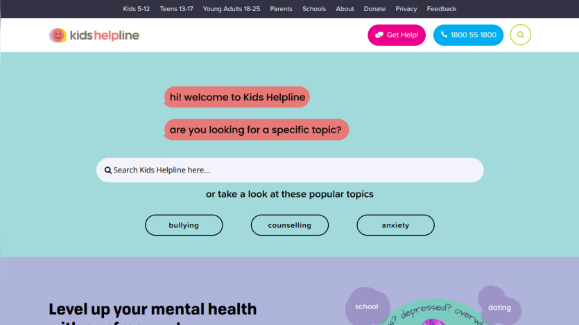 Kids Helpline homepage with search bar and popular topics like bullying, counselling, and anxiety