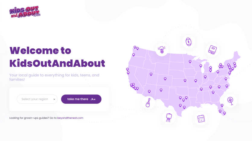 Homepage of KidsOutAndAbout featuring a map of the USA and a search bar.