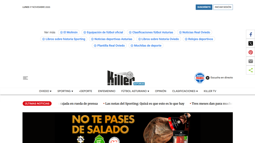 News website Killer Asturias with navigation links and a hero ad about not over-salting food