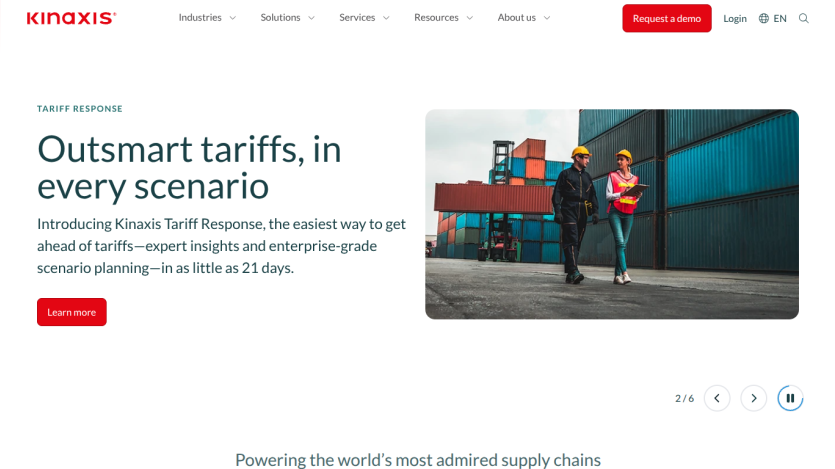 Kinaxis Tariff Response service introduction with a call to action button.