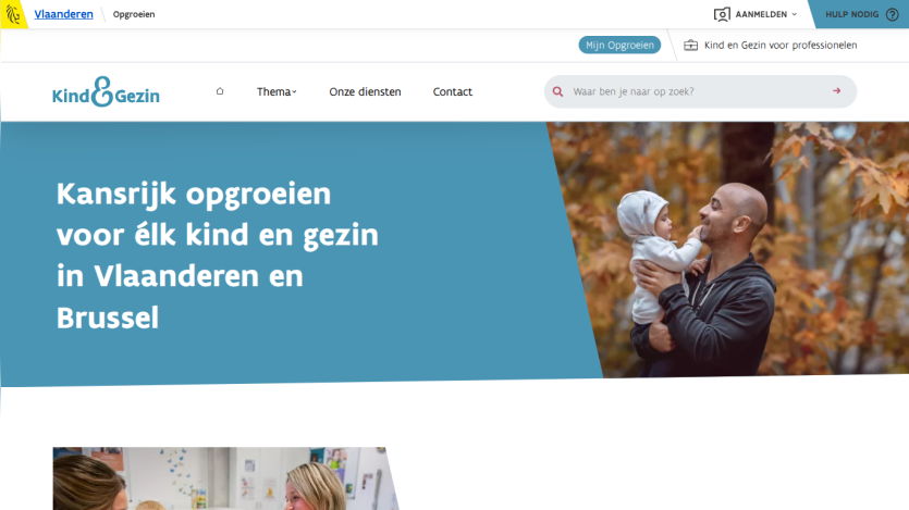 Website promoting opportunities for every child and family in Flanders and Brussels with a father holding a child in autumn setting