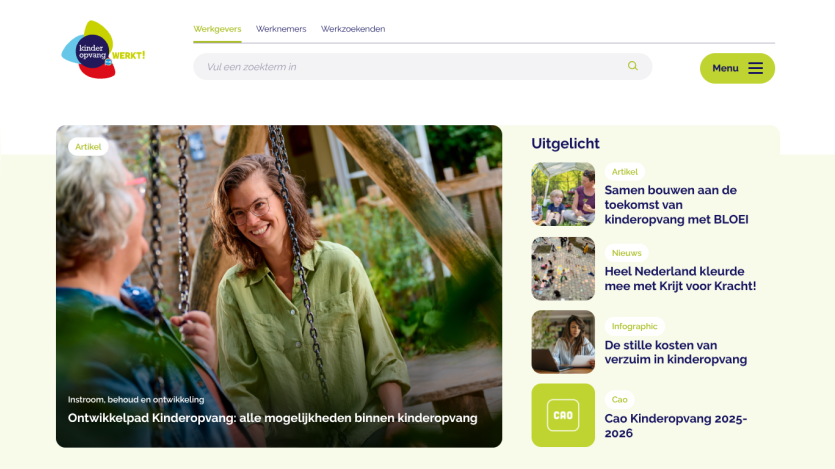 Website about childcare development with articles and news highlights, featuring a smiling woman on a swing