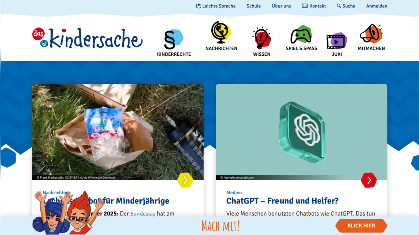 Children's website with sections on children's rights, news, knowledge, games, and participation, featuring articles on youth protection law and ChatGPT.