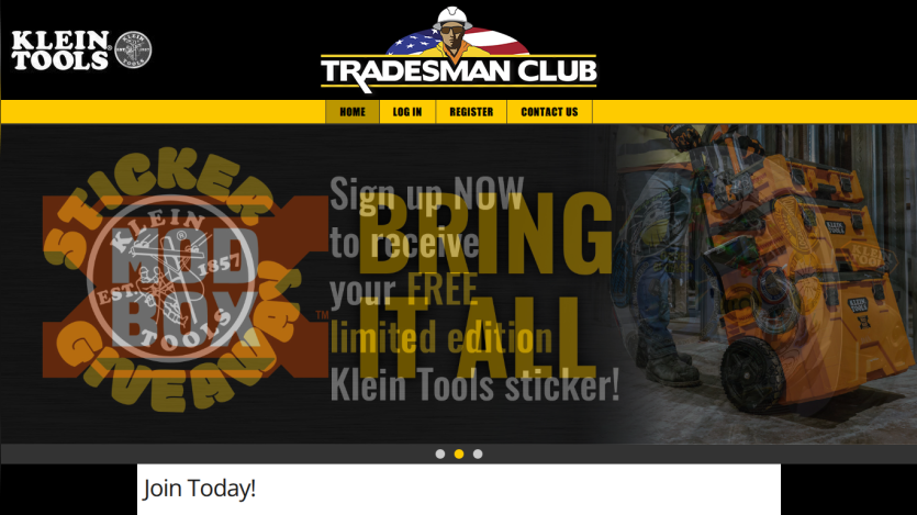 Tradesman Club homepage with Klein Tools sticker giveaway promotion and sign-up call to action