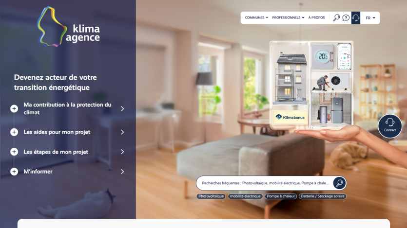 Klima Agence homepage encouraging energy transition with navigation and search for energy-related projects and support