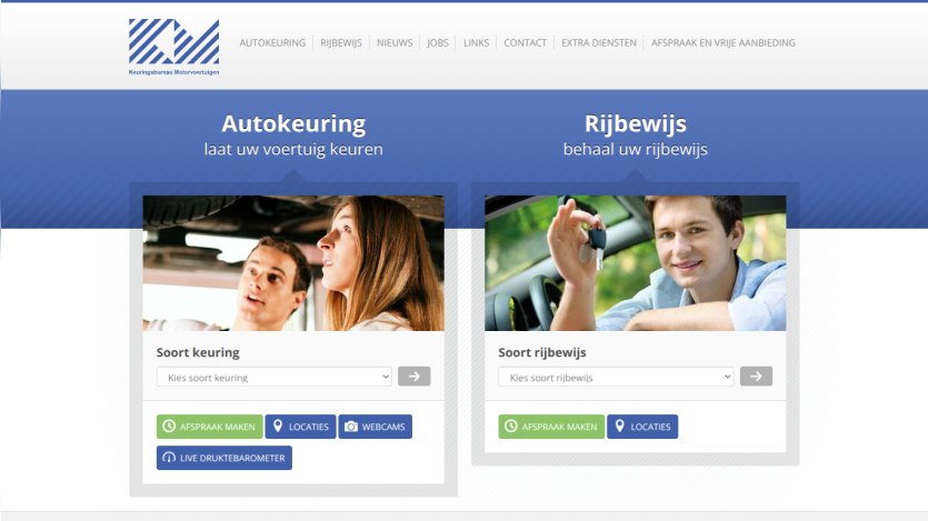 Website offering vehicle inspection and driving license services with options to make appointments and view locations