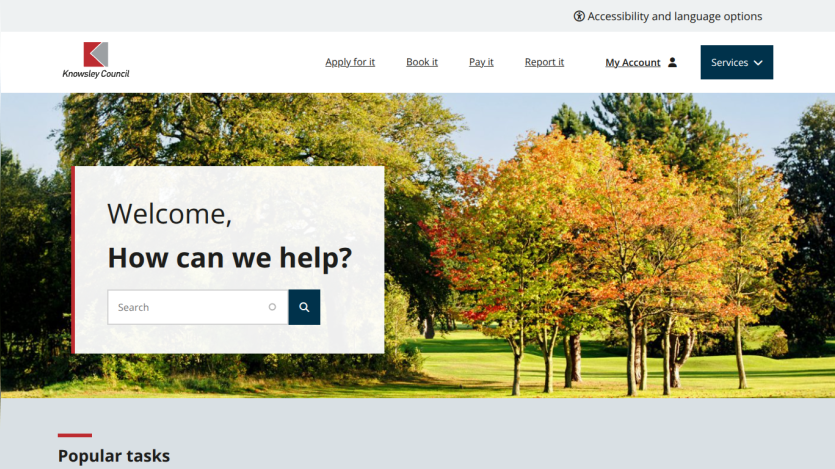 Knowsley Council homepage with navigation links and a search box over a park scene asking How can we help?