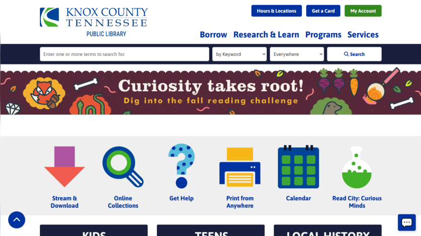 Knox County Tennessee Public Library homepage with search bar, navigation menu, and fall reading challenge banner.