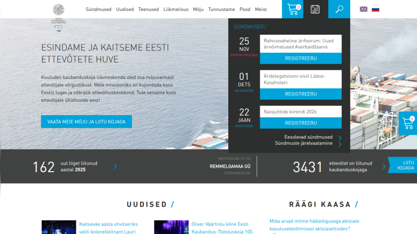 Estonian Chamber of Commerce homepage promoting business interests with events and membership info