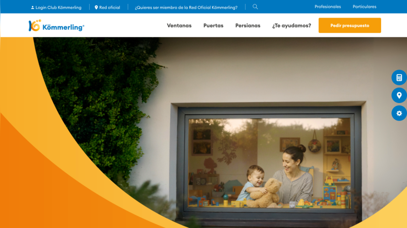 Kömmerling website header with navigation and hero image showing a woman and child playing with a teddy bear by a window