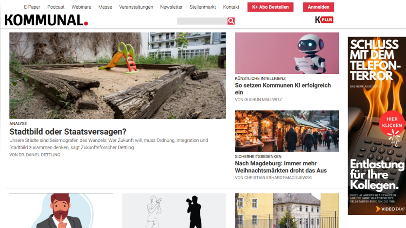 News website Kommunal with articles on urban change, AI in municipalities, and Christmas market safety concerns
