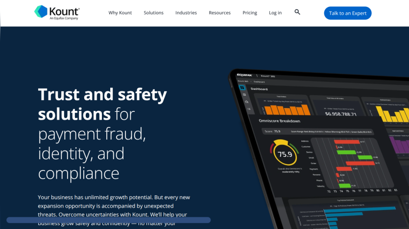 Trust and safety solutions for payment fraud, identity, and compliance with data analytics displayed.