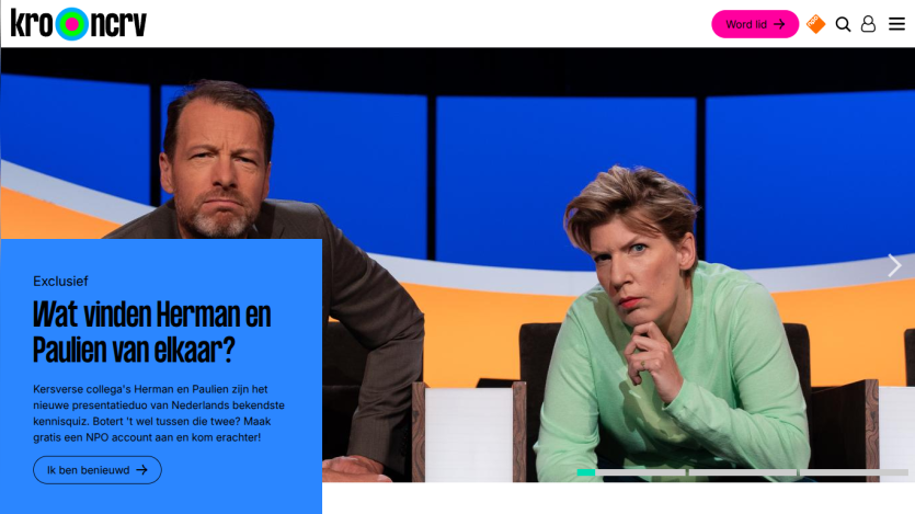Homepage featuring two hosts discussing a topic with a blue background and text prompt.