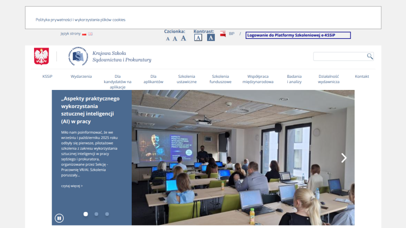 Krajowa Szkoła Sądownictwa i Prokuratury website showing AI training event details and classroom photo