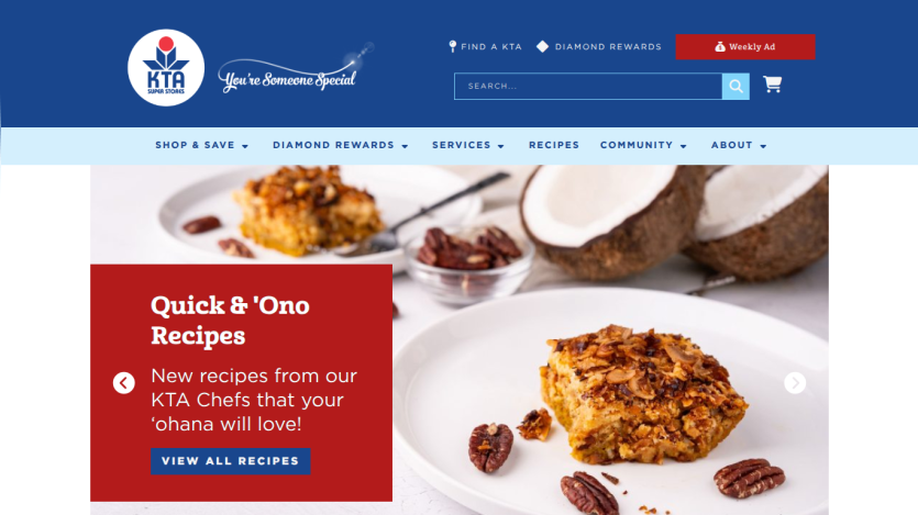 KTA Super Stores homepage with navigation and featured Quick & 'Ono Recipes section showing a dessert with pecans and coconut