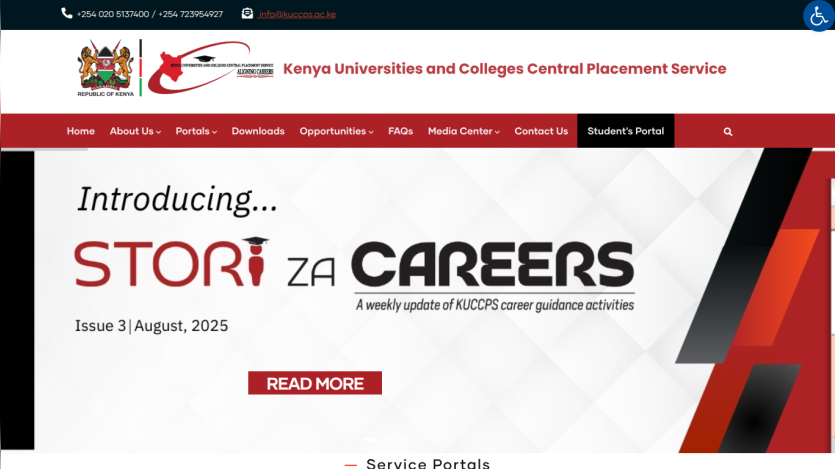 Homepage of Kenya Universities and Colleges Central Placement Service featuring career activities announcement.