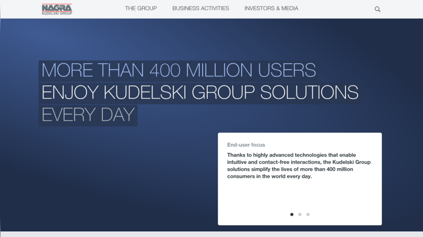 Kudelski Group website header with navigation and hero section highlighting over 400 million users benefiting from their solutions daily