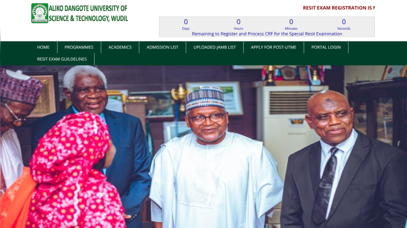 Aliko Dangote University of Science & Technology Wudil website with navigation menu and hero image of people in formal attire