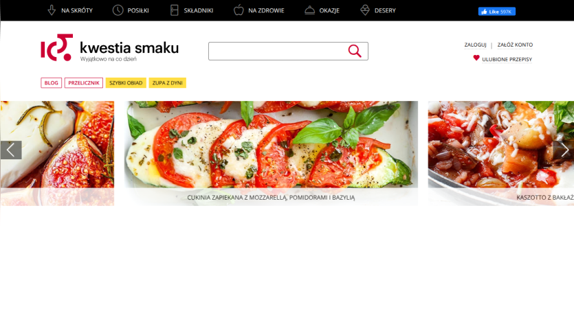 Homepage of a food website featuring images of dishes and a search bar.