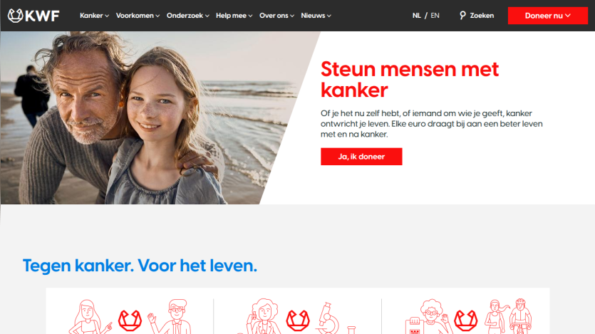 Homepage promoting support for cancer patients with a call to action button.