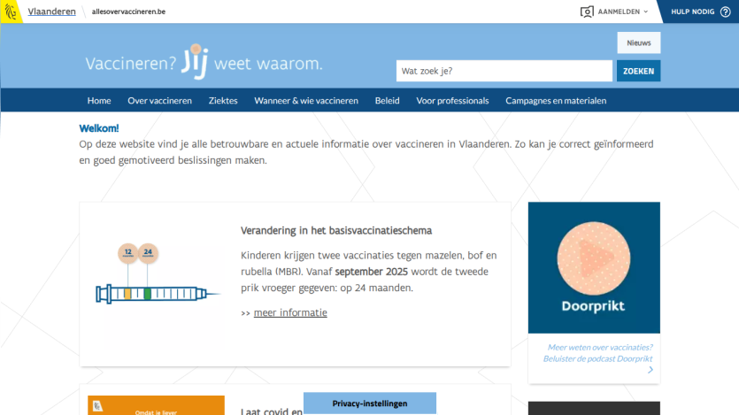 Vaccination information website for Vlaanderen with updates on vaccination schedules and a podcast called Doorprikt