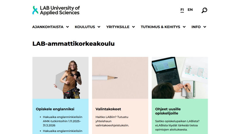 LAB University of Applied Sciences homepage with navigation menu and sections on studying English, entrance exams, and new student instructions.