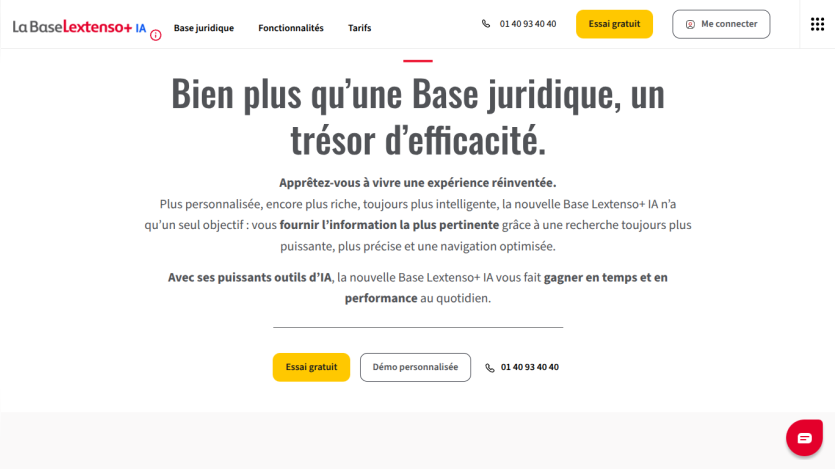 Homepage of Les Lecteurs with headline about a legal database and efficiency, call-to-action buttons for free trial and demo