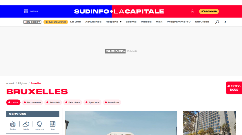 Sudinfo La Capitale news site showing Bruxelles section with navigation, services, and local news categories