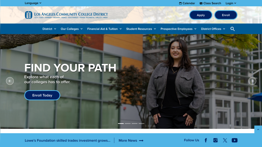 Homepage of a community college with a woman standing in front of a building and a call to action to explore options.