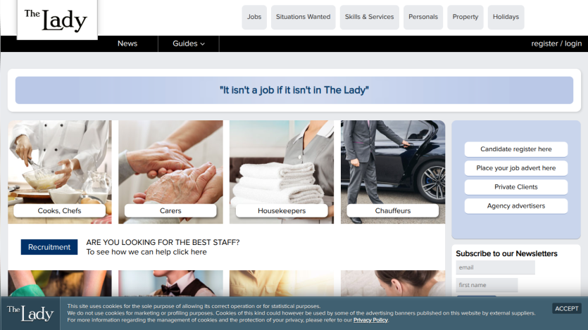 The Lady website homepage with job categories like Cooks, Carers, Housekeepers, Chauffeurs and recruitment call to action