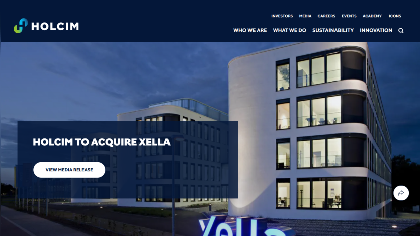 Holcim website announcing acquisition of Xella with a call to view media release and navigation menu