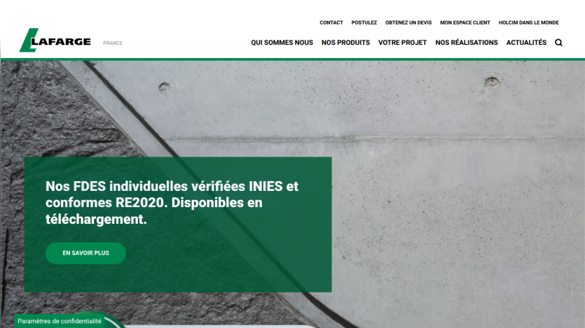 Lafarge France website header with navigation and hero section promoting verified FDES compliant with RE2020 available for download