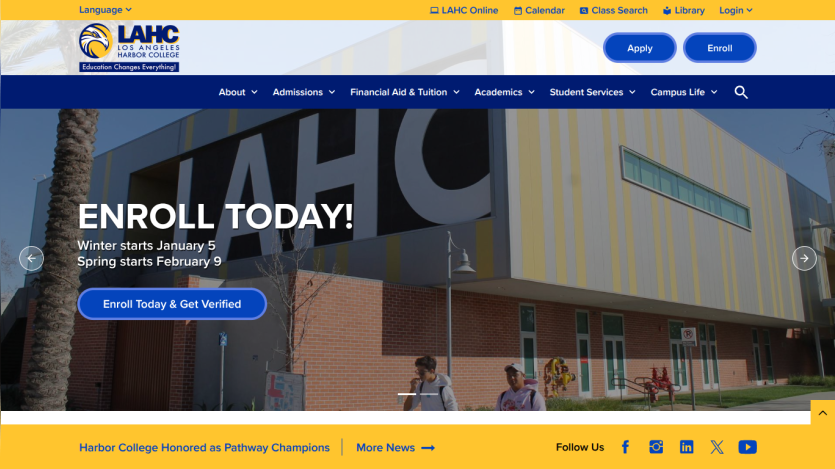 Los Angeles Harbor College homepage with enrollment callout for winter and spring terms and navigation menu.