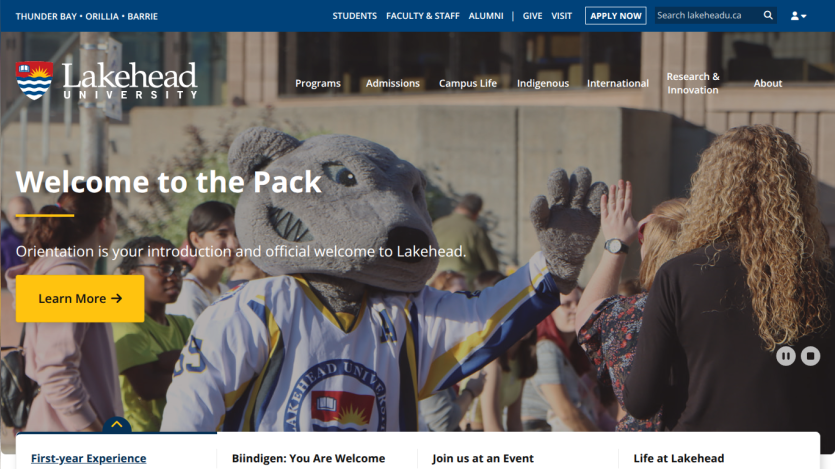 Lakehead University homepage featuring a welcoming message and mascot.